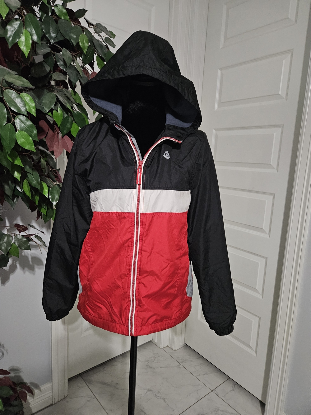 London Fog Kids Hooded Colorblock Rain Jacket in Black, White & Red